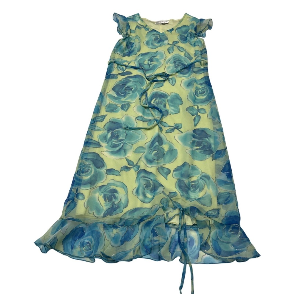 Vintage My Michelle Dress Blue Sheer Floral Overlay Size 7 Ruffle Event Party